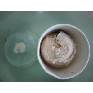 ภาพนี้แสดงถ้วยไอศกรีมขนาดเล็กวางอยู่บนถาดสีเขียวอ่อน 
ถ้วยไอศกรีมบรรจุไอศกรีมรสวานิลลาหรือคล้ายคลึง โดยเนื้อไอศกรีมดูเนียนนุ่ม มีลักษณะสีครีมอ่อน 
ด้านบนของไอศกรีมมีร่องรอยการตักหรือขูดออกไปบางส่วน 
ด้านซ้ายของถ้วยเป็นฝาพลาสติกใสที่มีไอศกรีมติดอยู่เล็กน้อยตรงกลาง ซึ่งบ่งบอกว่าไอศกรีมเคยสัมผัสฝาปิดก่อนเปิด