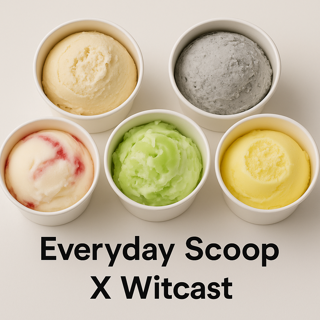 ภาพนี้เป็นภาพโปรโมตของไอศกรีมจากความร่วมมือระหว่าง Everyday Scoop และ Witcast มีไอศกรีมทั้งหมด 5 ถ้วยเรียงกันดังนี้
- แถวบน จากซ้ายไปขวา
1. ไอศกรีมสีครีมอมเหลืองอ่อน ตรงกับรส "A.N.U.s."
2. ไอศกรีมสีเทาเข้ม ลักษณะเดียวกับรส "เบนนู" ซึ่งเป็นสีที่ดูเหมือนเถ้าถ่านหรืออุกกาบาต
- แถวล่าง จากซ้ายไปขวา
3. ไอศกรีมสีขาวครีมแซมลายแดง น่าจะเป็นรส "เบร้อ" สีเหมือนกับโยเกิร์ตเบอร์รี
4. ไอศกรีมสีเขียวอ่อน ตรงกับรส "ไดโนเสาร์คอยาว" ที่ดูสดใสแบบมะนาวหรือแอปเปิล
5. ไอศกรีมสีเหลือง เป็นสีที่ตรงกับรส "อาบัน"